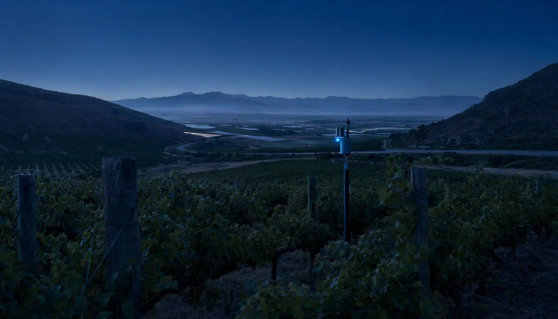 A vineyard at dusk with a small IoT sensor node glowing among the rows, mountains in the distance