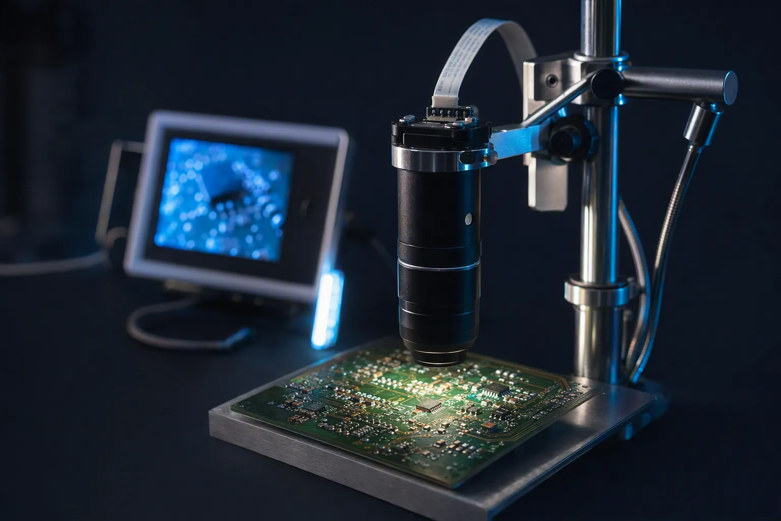 A home-built digital microscope with a macro lens lowered over a green circuit board, its magnified image on a small screen behind