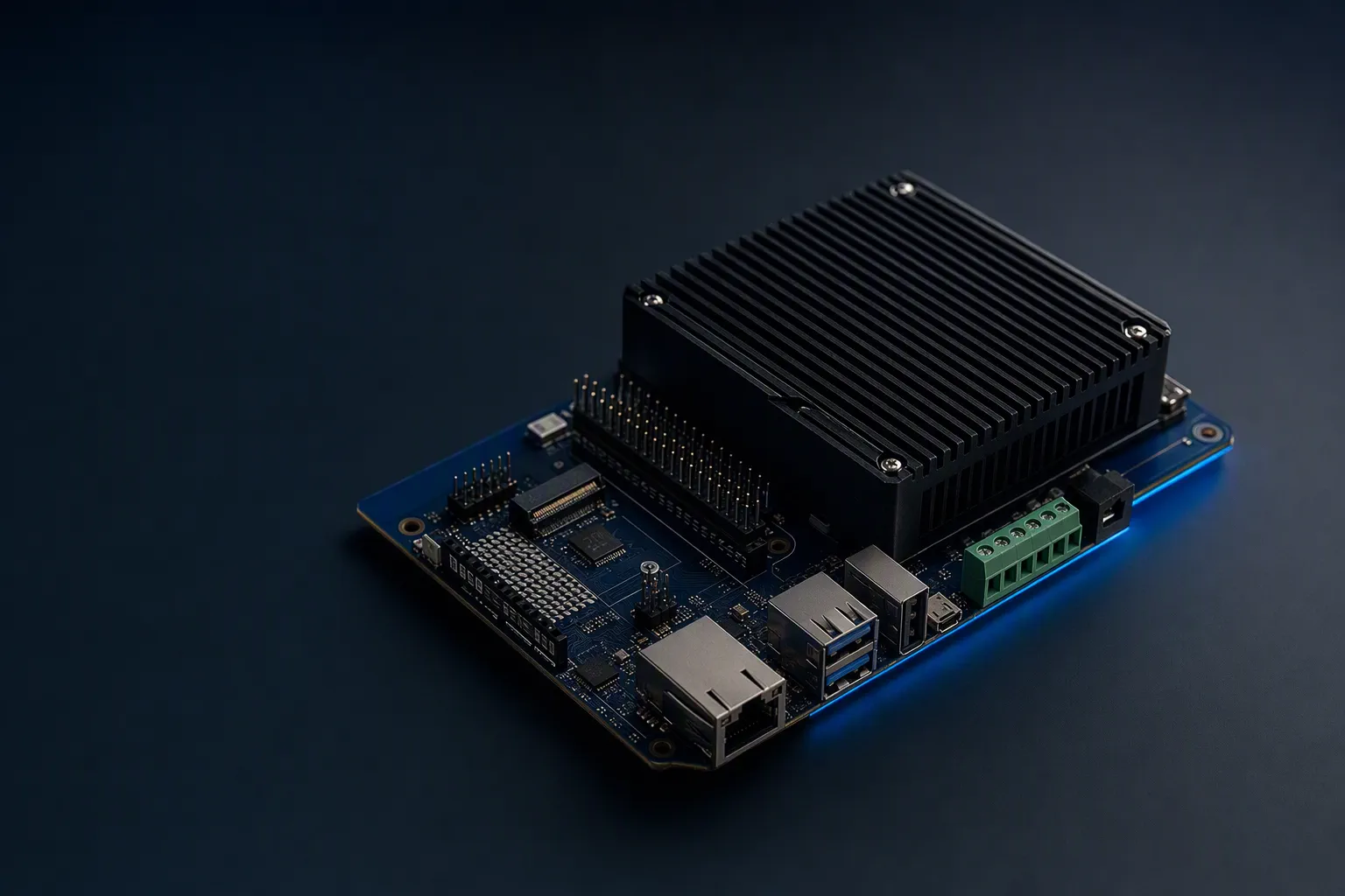 An industrial single-board computer on a dark bench: navy carrier board, large black finned heatsink, ethernet and screw-terminal connectors, azure edge glow