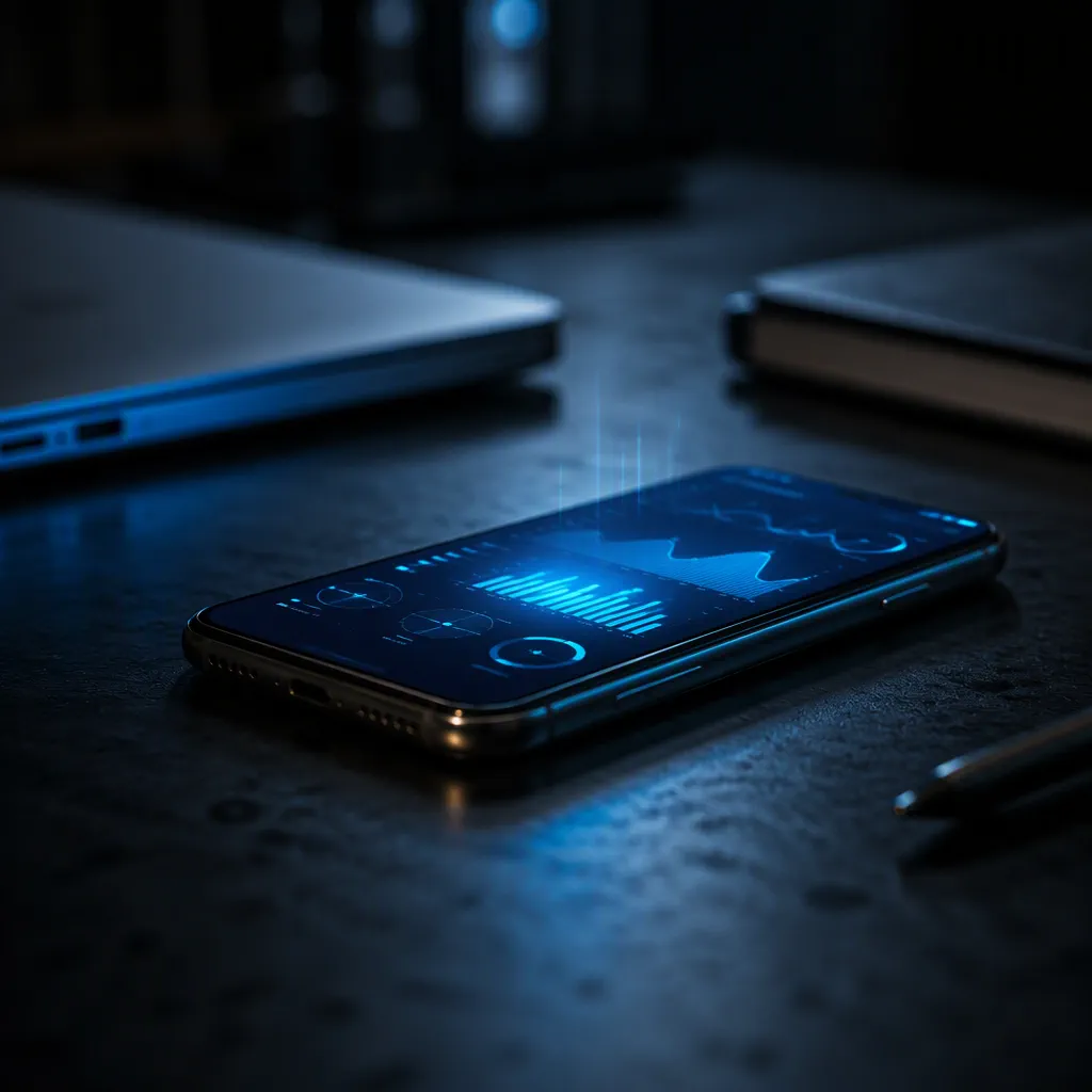 A phone on a dark desk showing an abstract blue app dashboard, a faint shimmer of light above the screen