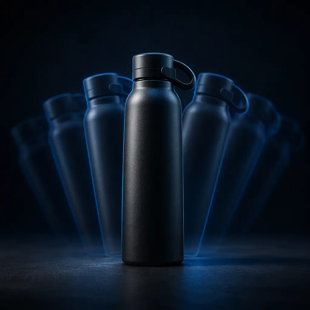 A product with several translucent generated variations fanned out behind it