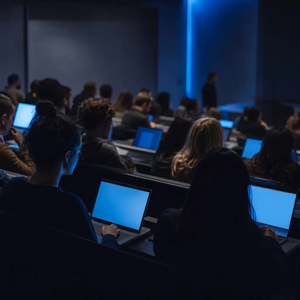 Students working on laptops in a modern lecture space