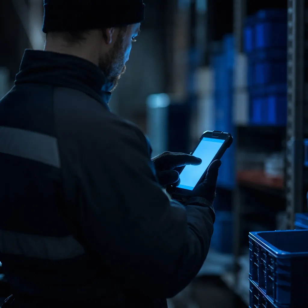 A worker using a rugged handheld device in a warehouse